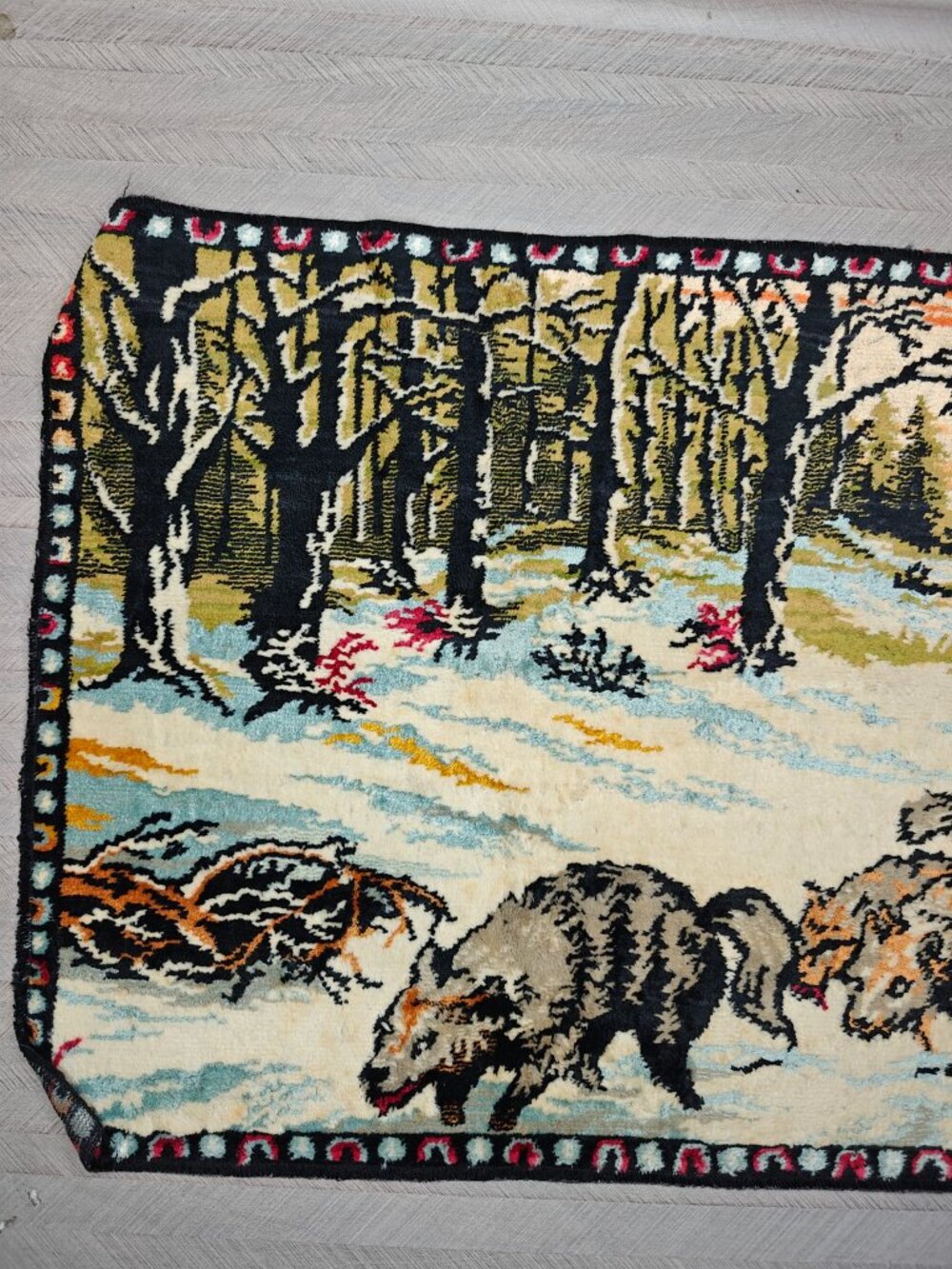 Vintage 70s Tapestry Belgium Santa Dog Sled Velvet Carpet Wall Decor Lodgecore - Picture 6 of 9